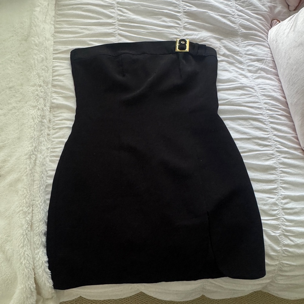 Amanda Uprichard Black Strapless Mini Dress with Gold Buckle